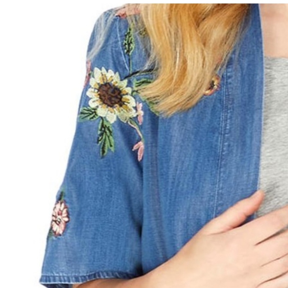 XL Chambray Floral Embroidered Open Front Cardigan Kimono Boho Spring Coastal - Picture 10 of 16